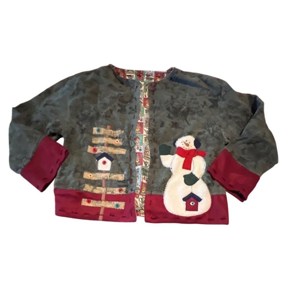 Vintage Handmade Christmas Reversible Jacket With Snowman‎ & Birdhouse Appliqué
